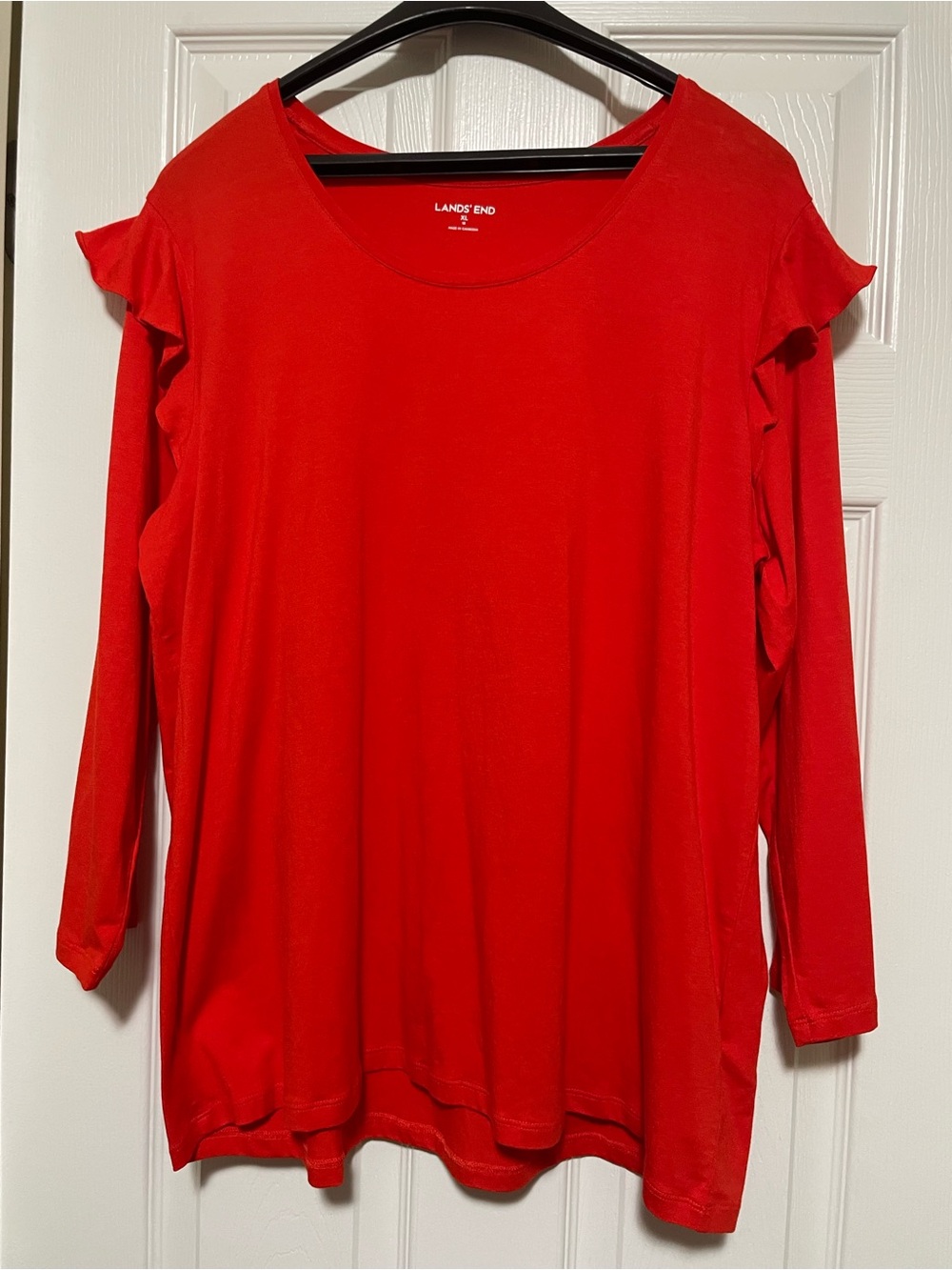Lands' End Women's Holiday Red Ruffle Shoulder Long-Sleeve Top